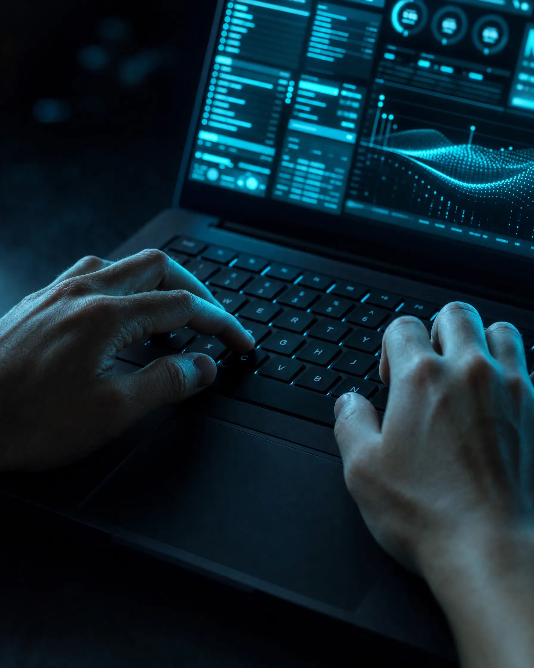 Manos programando en una laptop con un panel de software en tonos cian sobre fondo oscuro